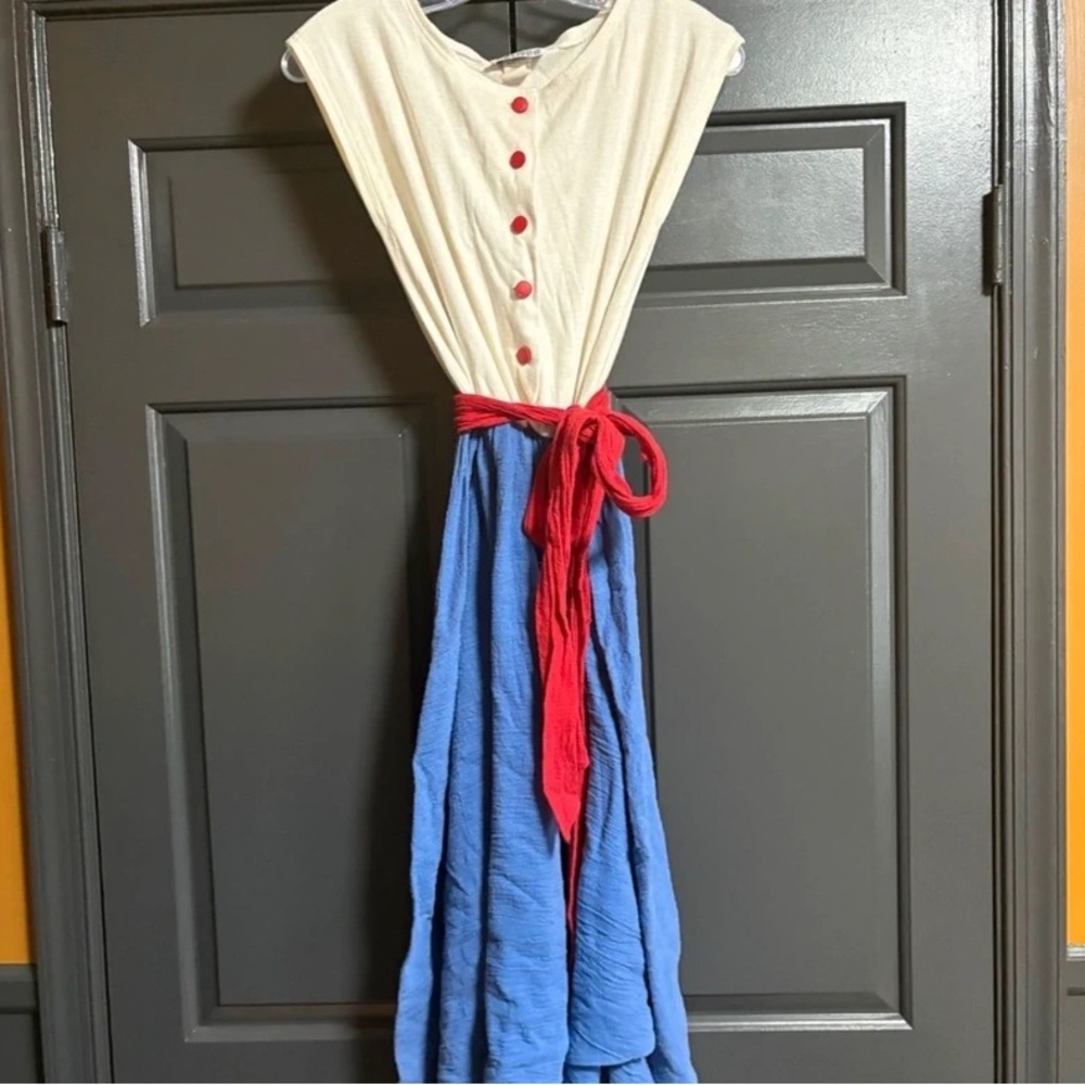 Melissa Cream and Blue Colorblock Maxi Dress with Red Tie